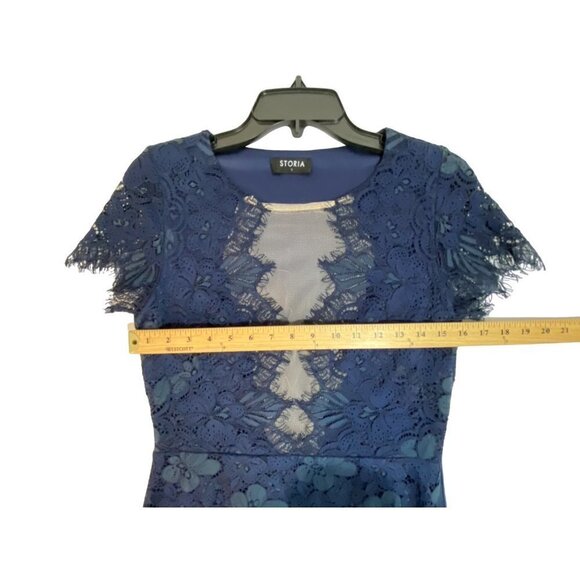 Storia Lace Dress with Plunging Sheer Neckline and Short Sleeves Navy Blue Size - Picture 12 of 12
